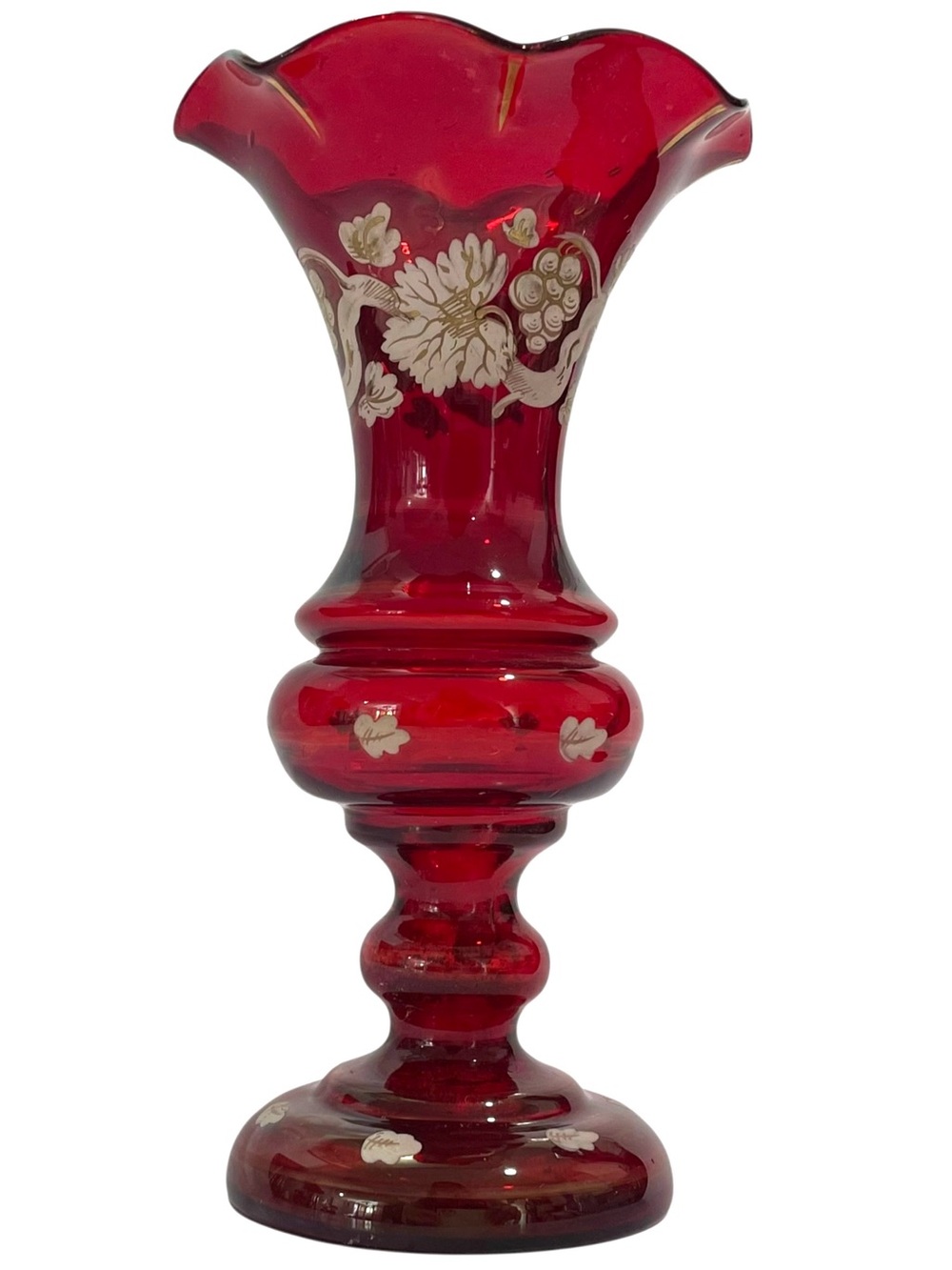 Antique 1860s Harrachor Harrach Ruby Red Art Glass Vase Bohemian Czech Grapes